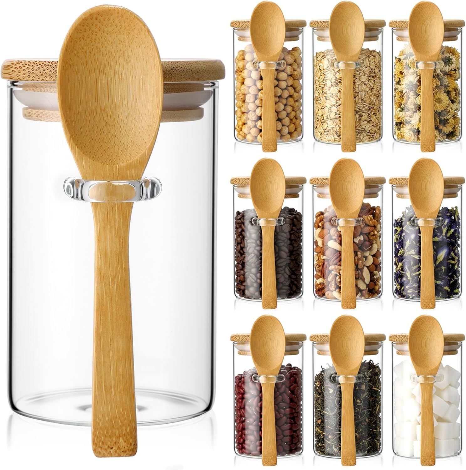 Food Storage Glass Set - 10 Pack Glass Jars with Bamboo