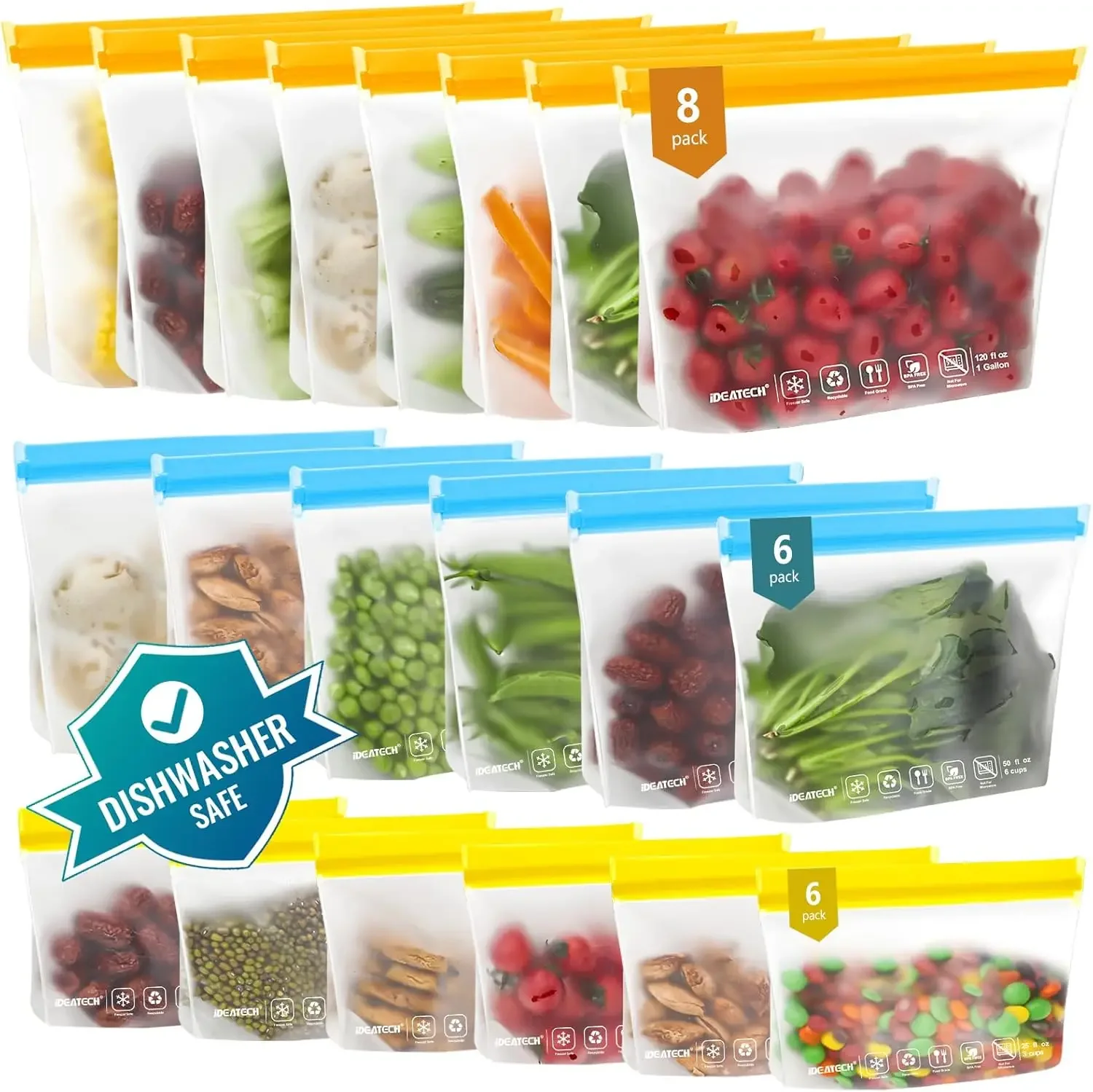 Food Storage Bag - 20Pack Reusable Bags Dishwasher Safe, Leakproof